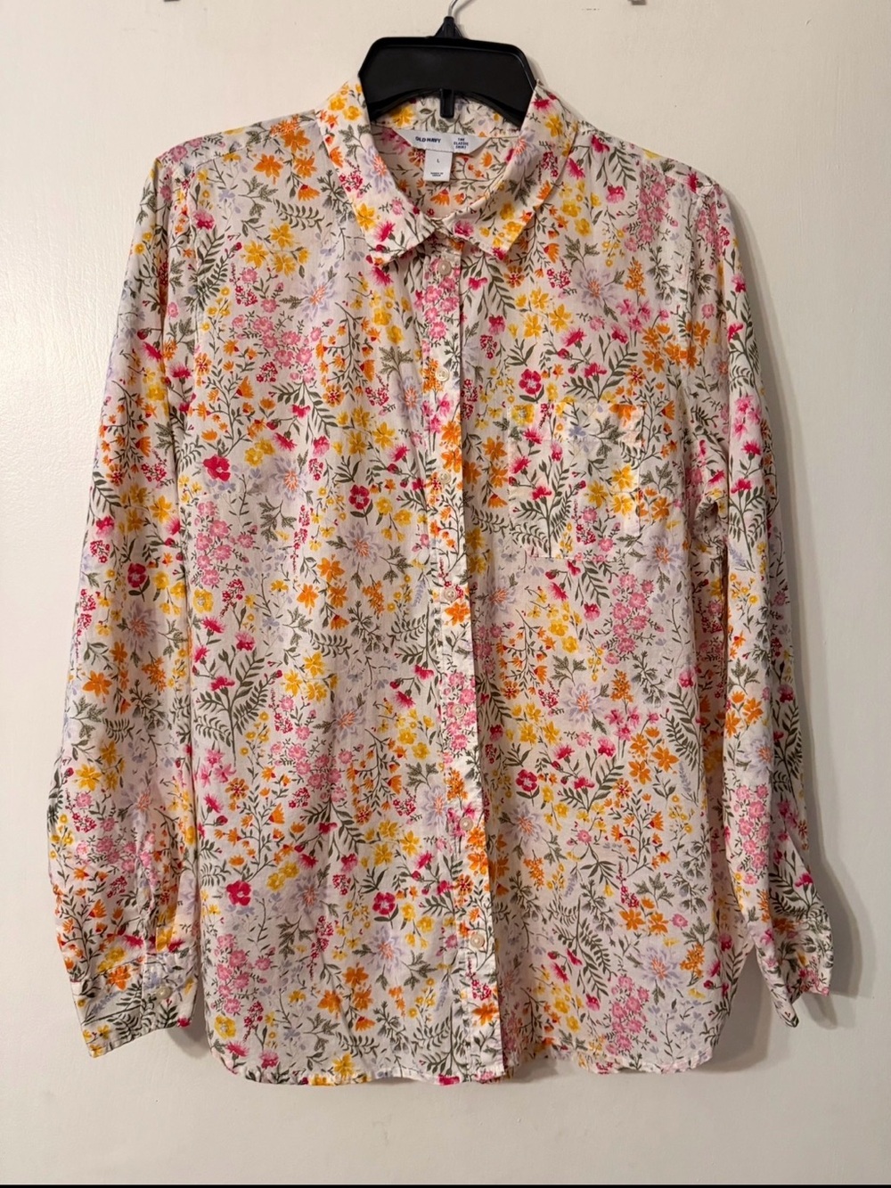 Old Navy Pink Floral Button-Down Classic Shirt Pink, Yellow & Green Sz L